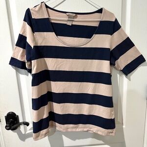 H&M Navy Blue and Cream Striped Short Sleeve Tee Sz XL